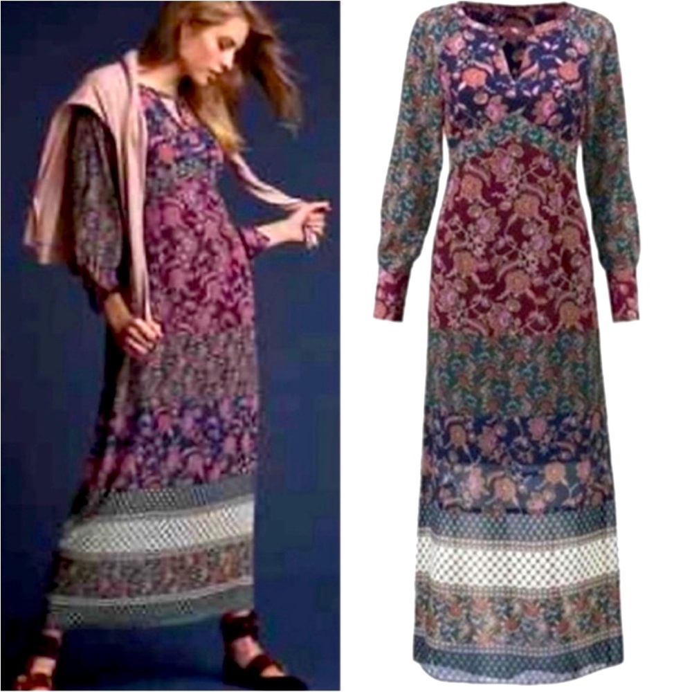 Cabi Festive Boho Long Sleeved Patchy Maxi Dress | #3675 |Size Medium| EUC